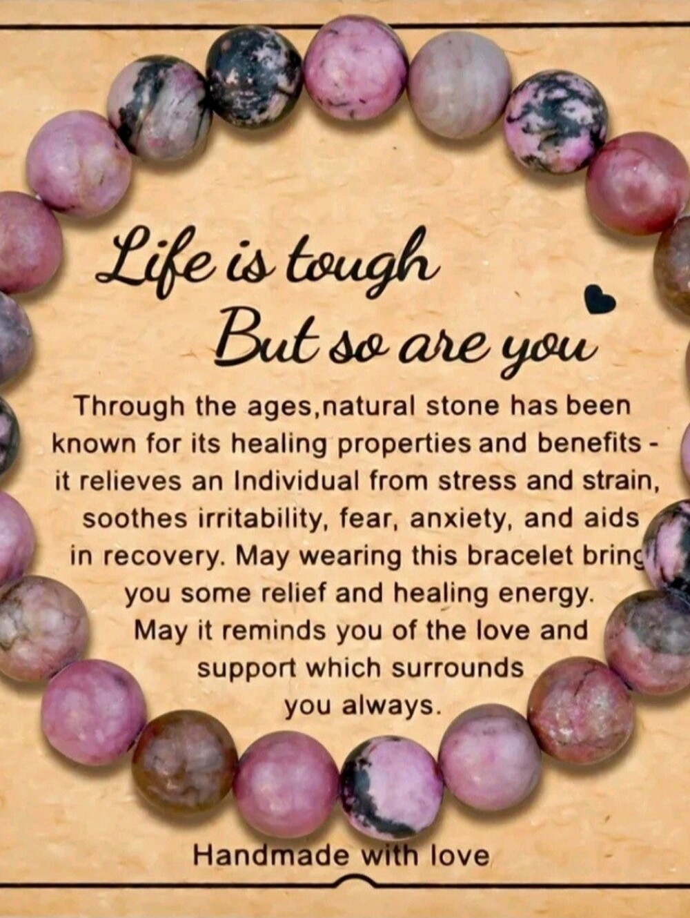 Handmade Pink Rhodonite Bead Bracelet - Natural Stone Healing Jewelry